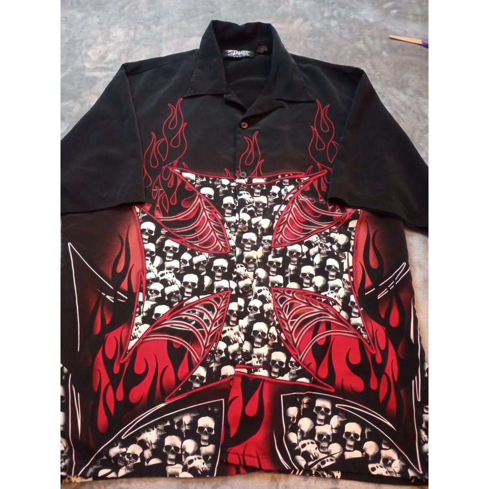 Vintage Dragonfly Clothing Shirt Maltese Cross Skulls Flames‎ AOP Y2K 90s XL